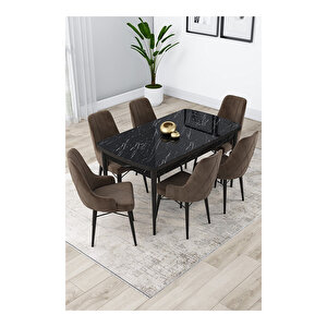 Lia Serisi, 80x132 Açılabilir Siyah Mermer Desen ,mutfak Masası Takımı, 6 Sandalye Kahverengi