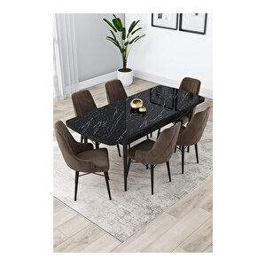 Lia Serisi, 80x132 Açılabilir Siyah Mermer Desen ,mutfak Masası Takımı, 6 Sandalye Kahverengi