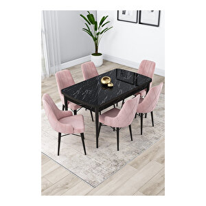 Lia Serisi, 80x132 Açılabilir Siyah Mermer Desen ,mutfak Masası Takımı, 6 Sandalye Pembe