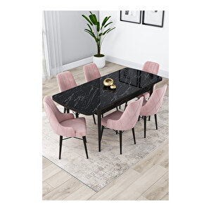 Lia Serisi, 80x132 Açılabilir Siyah Mermer Desen ,mutfak Masası Takımı, 6 Sandalye Pembe