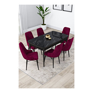 Lia Serisi, 80x132 Açılabilir Siyah Mermer Desen ,mutfak Masası Takımı, 6 Sandalye Mürdüm