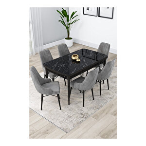 Lia Serisi, 80x132 Açılabilir Siyah Mermer Desen ,mutfak Masası Takımı, 6 Sandalye Gri