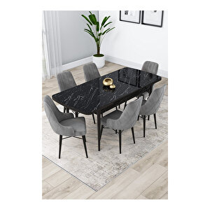 Lia Serisi, 80x132 Açılabilir Siyah Mermer Desen ,mutfak Masası Takımı, 6 Sandalye Gri
