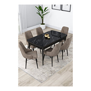 Lia Serisi, 80x132 Açılabilir Siyah Mermer Desen ,mutfak Masası Takımı, 6 Sandalye Cappucino
