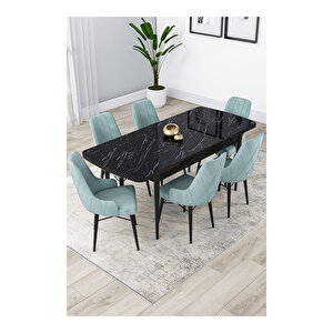 Lia Serisi, 80x132 Açılabilir Siyah Mermer Desen ,mutfak Masası Takımı, 6 Sandalye Su Yeşili