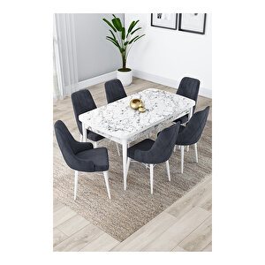 Lia Serisi, 80x132 Açılabilir Beyaz Mermer Desen ,mutfak Masası Takımı, 6 Sandalye Antrasit