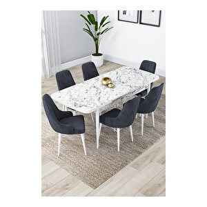 Lia Serisi, 80x132 Açılabilir Beyaz Mermer Desen ,mutfak Masası Takımı, 6 Sandalye Antrasit