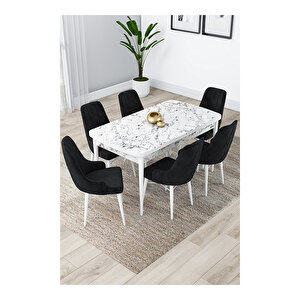 Lia Serisi, 80x132 Açılabilir Beyaz Mermer Desen ,mutfak Masası Takımı, 6 Sandalye Siyah