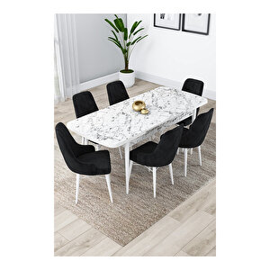 Lia Serisi, 80x132 Açılabilir Beyaz Mermer Desen ,mutfak Masası Takımı, 6 Sandalye Siyah