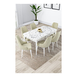Lia Serisi, 80x132 Açılabilir Beyaz Mermer Desen ,mutfak Masası Takımı, 6 Sandalye Krem