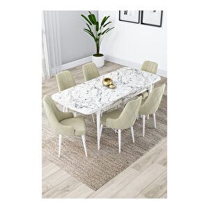 Lia Serisi, 80x132 Açılabilir Beyaz Mermer Desen ,mutfak Masası Takımı, 6 Sandalye Krem