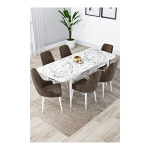Lia Serisi, 80x132 Açılabilir Beyaz Mermer Desen ,mutfak Masası Takımı, 6 Sandalye Kahverengi
