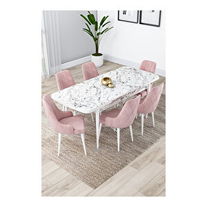 Lia Serisi, 80x132 Açılabilir Beyaz Mermer Desen ,mutfak Masası Takımı, 6 Sandalye Pembe