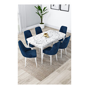 Lia Serisi, 80x132 Açılabilir Beyaz Mermer Desen ,mutfak Masası Takımı, 6 Sandalye Lacivert