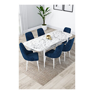 Lia Serisi, 80x132 Açılabilir Beyaz Mermer Desen ,mutfak Masası Takımı, 6 Sandalye Lacivert