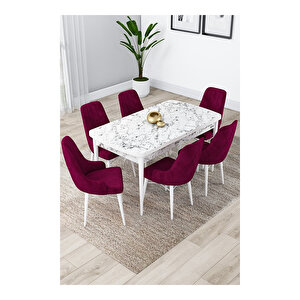Lia Serisi, 80x132 Açılabilir Beyaz Mermer Desen ,mutfak Masası Takımı, 6 Sandalye Mürdüm