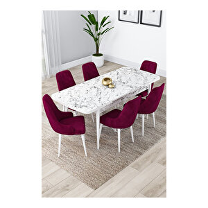 Lia Serisi, 80x132 Açılabilir Beyaz Mermer Desen ,mutfak Masası Takımı, 6 Sandalye Mürdüm