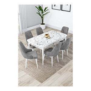 Lia Serisi, 80x132 Açılabilir Beyaz Mermer Desen ,mutfak Masası Takımı, 6 Sandalye Gri