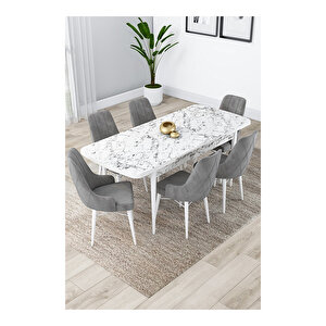 Lia Serisi, 80x132 Açılabilir Beyaz Mermer Desen ,mutfak Masası Takımı, 6 Sandalye Gri