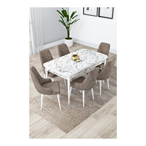 Lia Serisi, 80x132 Açılabilir Beyaz Mermer Desen ,mutfak Masası Takımı, 6 Sandalye Cappucino