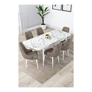 Lia Serisi, 80x132 Açılabilir Beyaz Mermer Desen ,mutfak Masası Takımı, 6 Sandalye Cappucino
