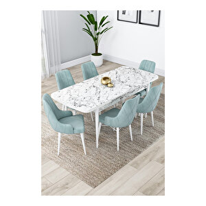 Lia Serisi, 80x132 Açılabilir Beyaz Mermer Desen ,mutfak Masası Takımı, 6 Sandalye Su Yeşili