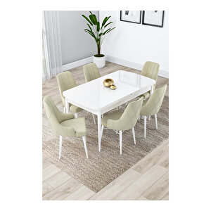 Lia Serisi, 80x132 Açılabilir Beyaz Masa, Mutfak Masası Takımı, 6 Sandalye Krem