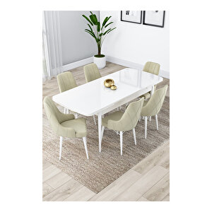 Lia Serisi, 80x132 Açılabilir Beyaz Masa, Mutfak Masası Takımı, 6 Sandalye Krem