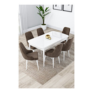 Lia Serisi, 80x132 Açılabilir Beyaz Masa, Mutfak Masası Takımı, 6 Sandalye Kahverengi
