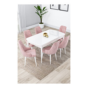 Lia Serisi, 80x132 Açılabilir Beyaz Masa, Mutfak Masası Takımı, 6 Sandalye Pembe