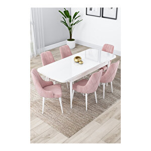 Lia Serisi, 80x132 Açılabilir Beyaz Masa, Mutfak Masası Takımı, 6 Sandalye Pembe