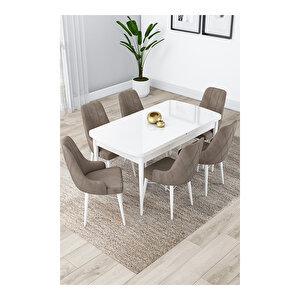 Lia Serisi, 80x132 Açılabilir Beyaz Masa, Mutfak Masası Takımı, 6 Sandalye Cappucino