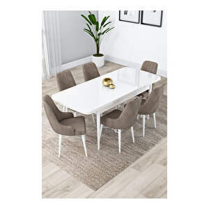 Lia Serisi, 80x132 Açılabilir Beyaz Masa, Mutfak Masası Takımı, 6 Sandalye Cappucino