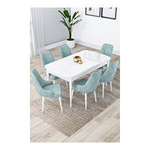 Lia Serisi, 80x132 Açılabilir Beyaz Masa, Mutfak Masası Takımı, 6 Sandalye Su Yeşili