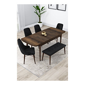 Lia Serisi, 80x132 Açılabilir Barok Ahşap Desen Mutfak Masa Takımı, 4 Sandalye Ve 1 Bench Siyah
