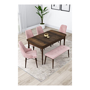 Lia Serisi, 80x132 Açılabilir Barok Ahşap Desen Mutfak Masa Takımı, 4 Sandalye Ve 1 Bench Pembe