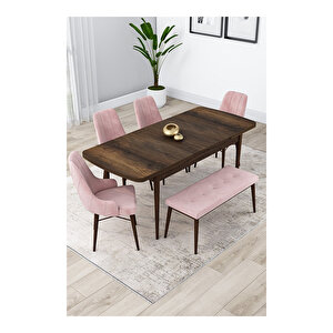 Lia Serisi, 80x132 Açılabilir Barok Ahşap Desen Mutfak Masa Takımı, 4 Sandalye Ve 1 Bench Pembe