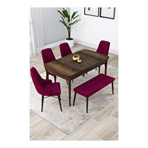 Lia Serisi, 80x132 Açılabilir Barok Ahşap Desen Mutfak Masa Takımı, 4 Sandalye Ve 1 Bench Mürdüm