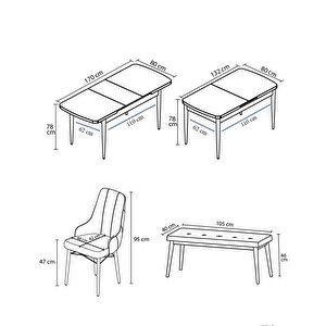 Lia Serisi, 80x132 Açılabilir Barok Ahşap Desen Mutfak Masa Takımı, 4 Sandalye Ve 1 Bench