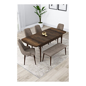 Lia Serisi, 80x132 Açılabilir Barok Ahşap Desen Mutfak Masa Takımı, 4 Sandalye Ve 1 Bench Cappucino