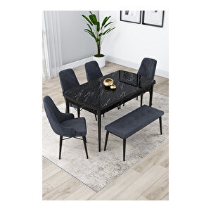 Lia Serisi, 80x132 Açılabilir Siyah Mermer Desen ,mutfak Masası Takımı, 4 Sandalye Ve 1 Bench Antrasit