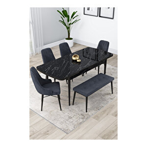 Lia Serisi, 80x132 Açılabilir Siyah Mermer Desen ,mutfak Masası Takımı, 4 Sandalye Ve 1 Bench Antrasit