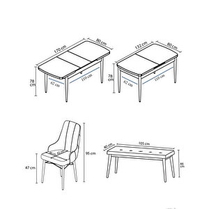 Lia Serisi, 80x132 Açılabilir Siyah Mermer Desen ,mutfak Masası Takımı, 4 Sandalye Ve 1 Bench