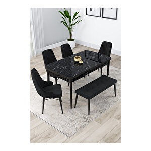 Lia Serisi, 80x132 Açılabilir Siyah Mermer Desen ,mutfak Masası Takımı, 4 Sandalye Ve 1 Bench Siyah