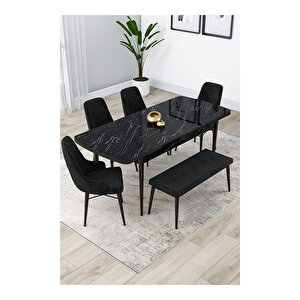 Lia Serisi, 80x132 Açılabilir Siyah Mermer Desen ,mutfak Masası Takımı, 4 Sandalye Ve 1 Bench Siyah