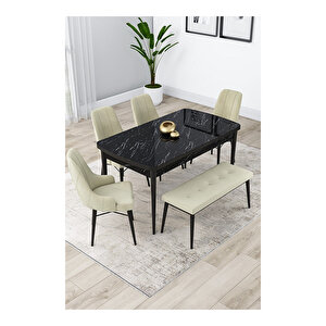 Lia Serisi, 80x132 Açılabilir Siyah Mermer Desen ,mutfak Masası Takımı, 4 Sandalye Ve 1 Bench Krem