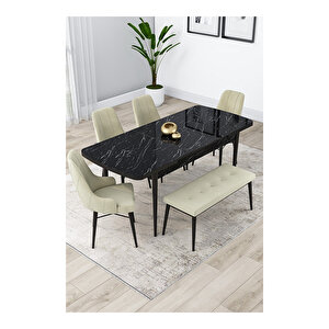 Lia Serisi, 80x132 Açılabilir Siyah Mermer Desen ,mutfak Masası Takımı, 4 Sandalye Ve 1 Bench Krem