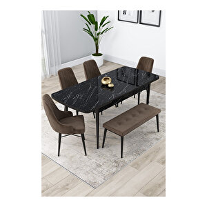 Lia Serisi, 80x132 Açılabilir Siyah Mermer Desen ,mutfak Masası Takımı, 4 Sandalye Ve 1 Bench Kahverengi