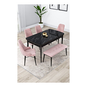 Lia Serisi, 80x132 Açılabilir Siyah Mermer Desen ,mutfak Masası Takımı, 4 Sandalye Ve 1 Bench Pembe