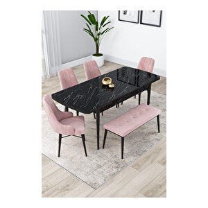 Lia Serisi, 80x132 Açılabilir Siyah Mermer Desen ,mutfak Masası Takımı, 4 Sandalye Ve 1 Bench Pembe
